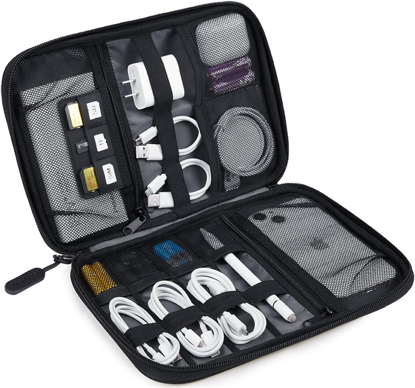 Large Electronics Travel Organizer Case, Tech Accessories Cord Storage Bag for Phone, Power Bank, SD Card, Cables, Black